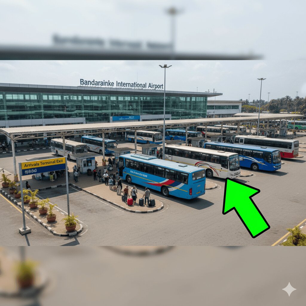 Direction from BIA arrivals to the airport bus station with arrow overlay