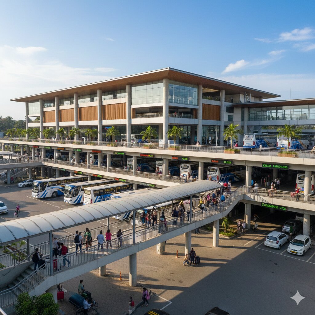 Kadawatha Multimodal Center bus terminal with blue highway buses