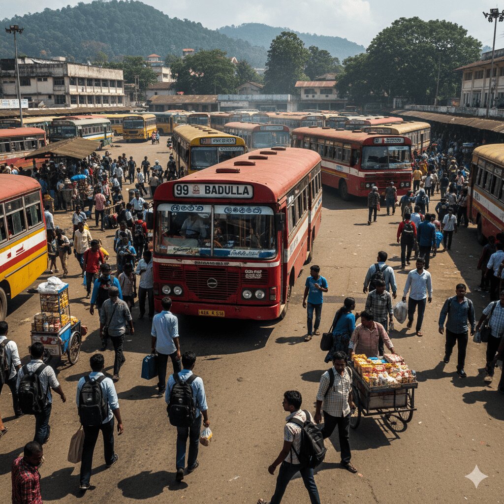 Kandy Goods Shed bus station with a bus showing 99 BADULLA on the destination board