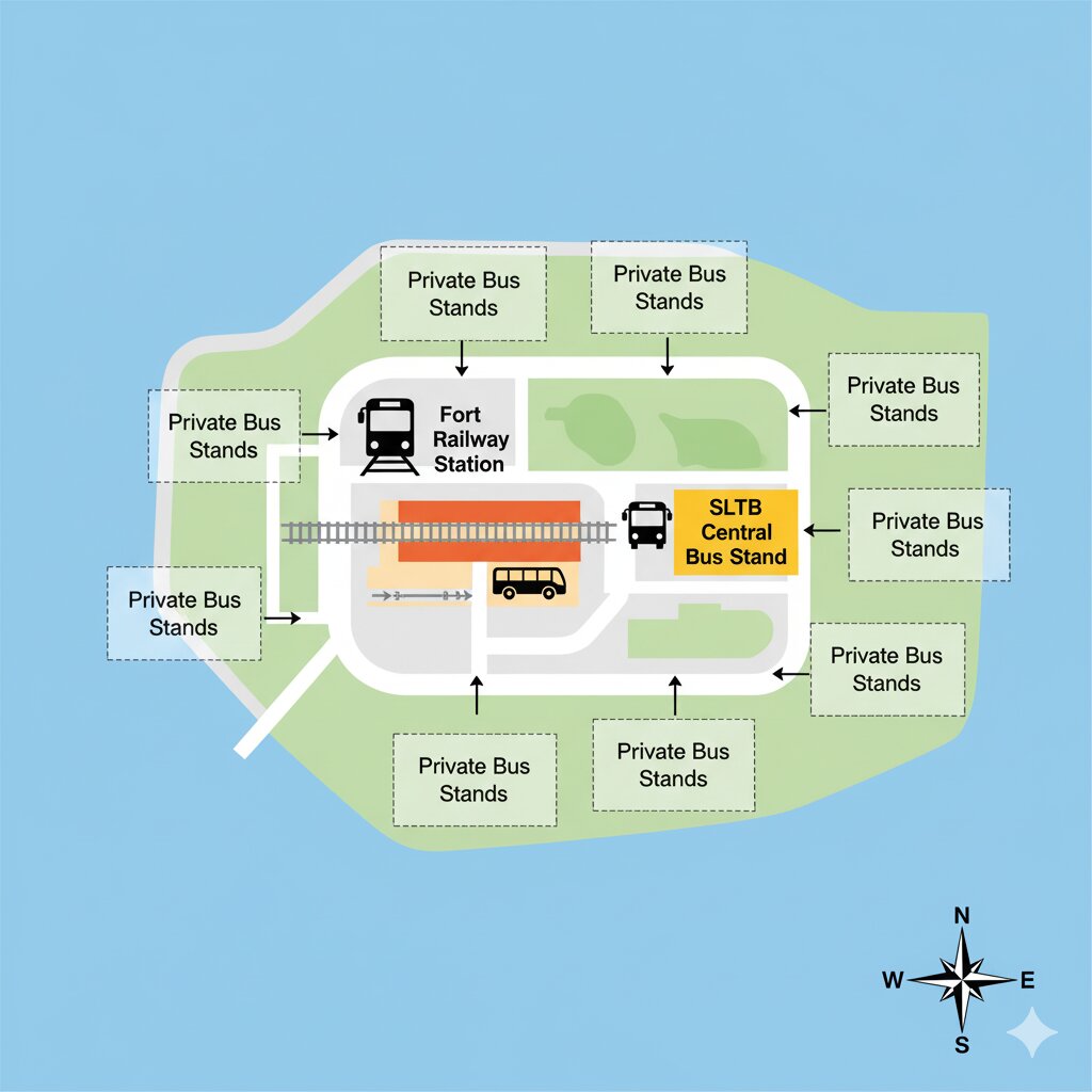 Simple map diagram showing Fort Railway Station, SLTB Central Bus Stand (CBS), and surrounding Private Bus Stands