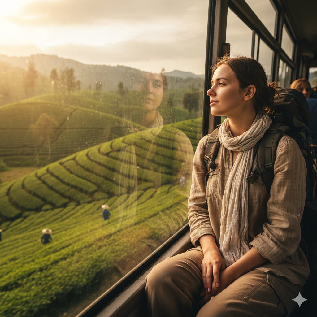 Solo female traveler looking out the window of a Sri Lankan bus