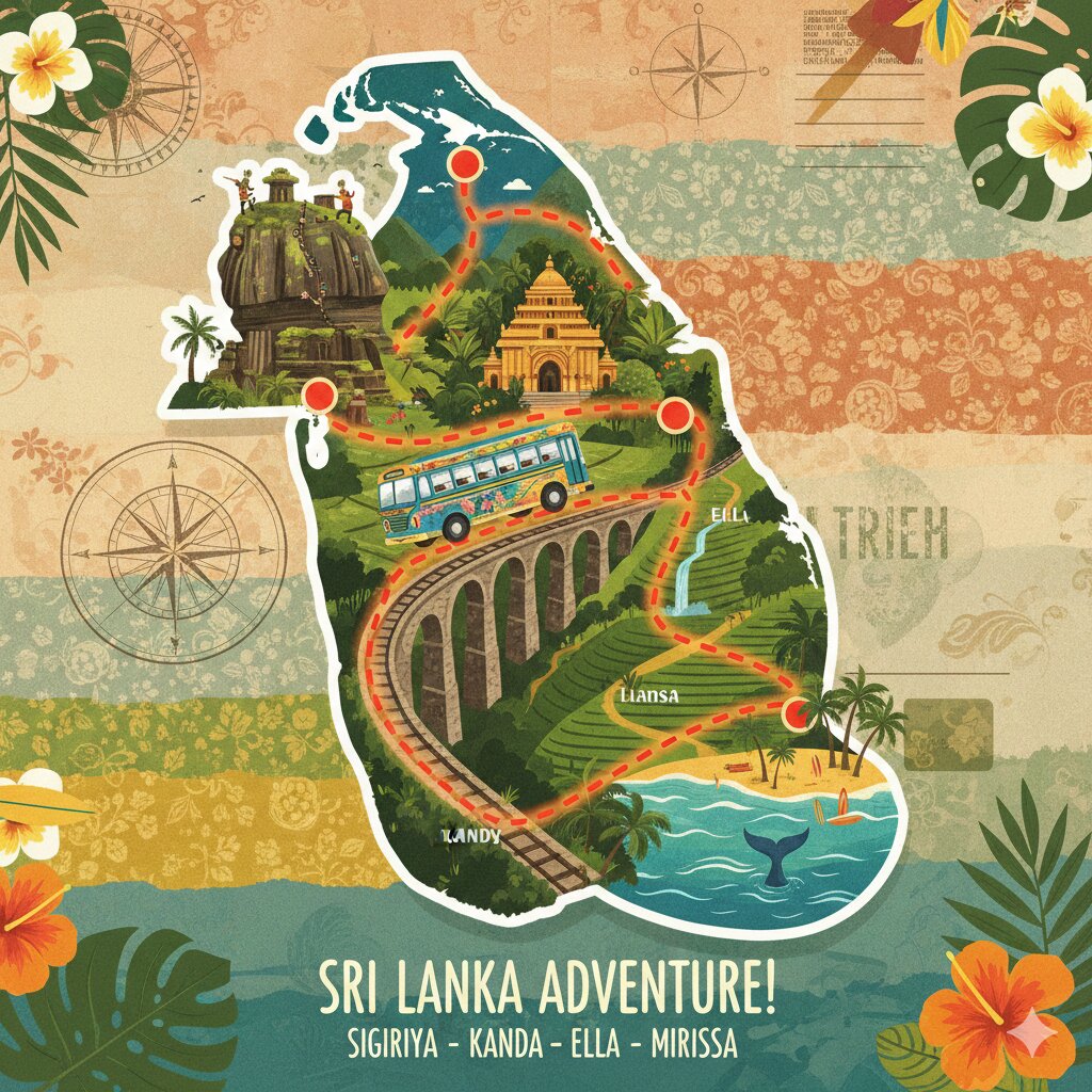 Map of 2 week Sri Lanka budget bus itinerary route from Sigiriya to Galle